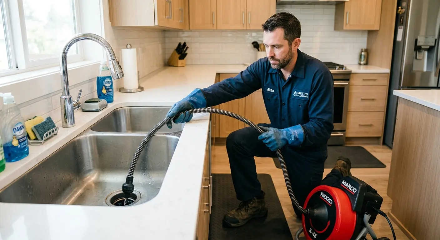 Drain cleaning technician using a motorized snake on a kitchen sink in Eastlake