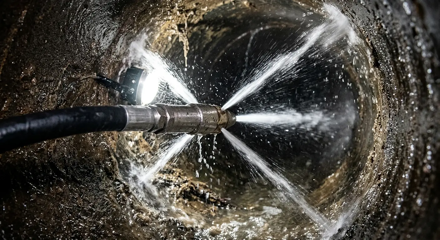 High-pressure hydro jetting nozzle cleaning sewer pipe for Sewer Cleanout in Eastlake