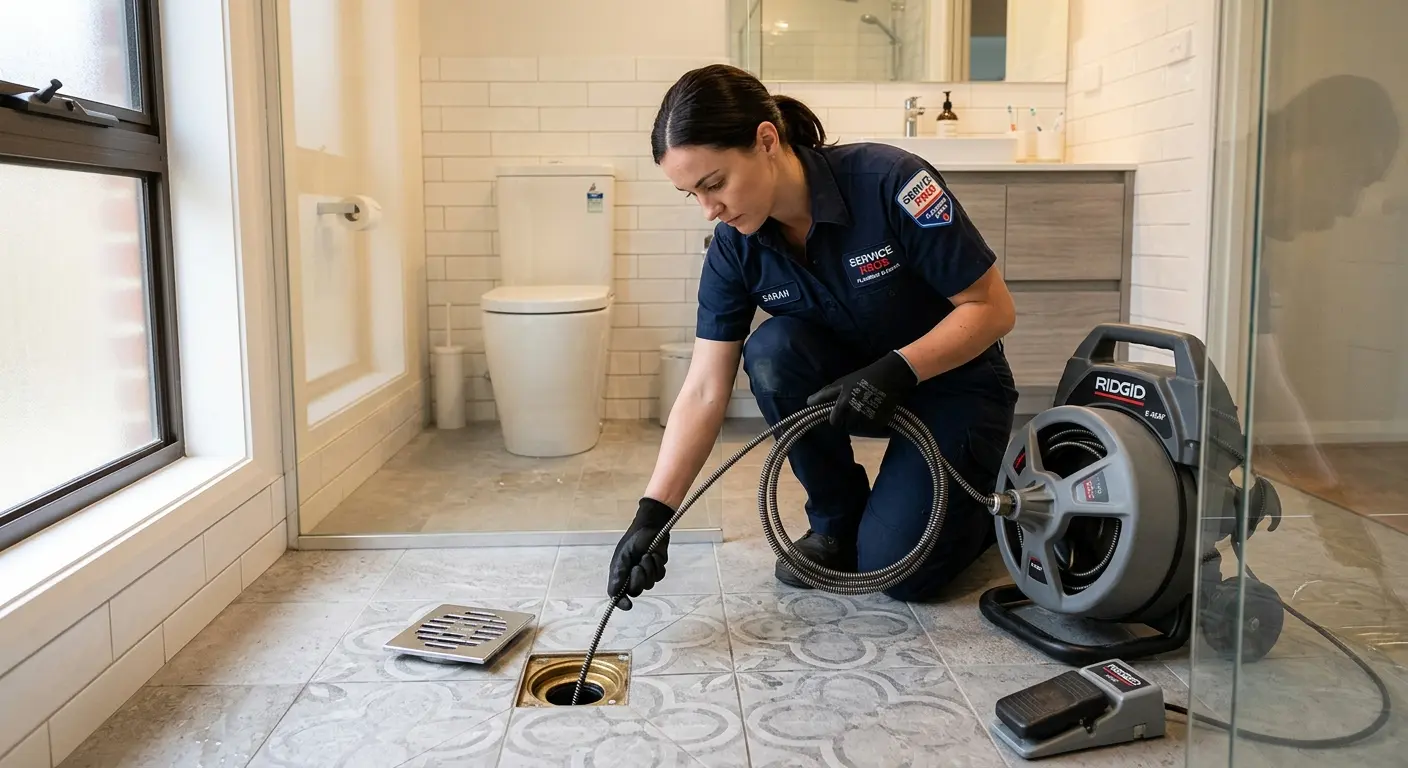 Technician clearing a bathroom floor drain for Sewer Line Replacement in Eastlake